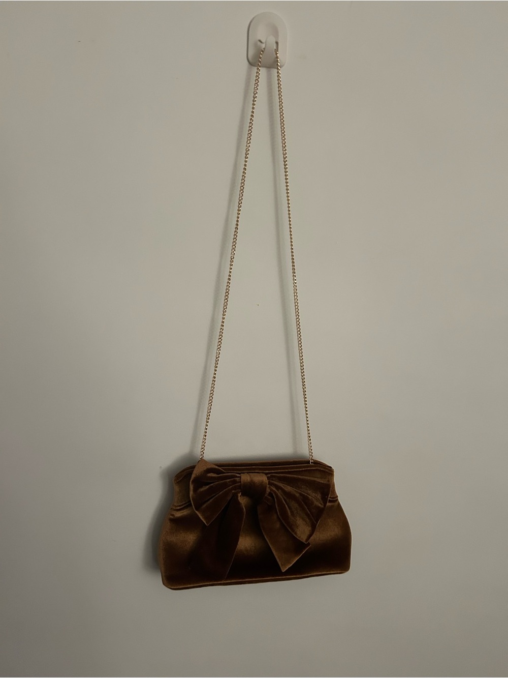 House of Harlow Velvet Bow Clutch Brown Evening Bag Gold Chain Shoulder Bag Like